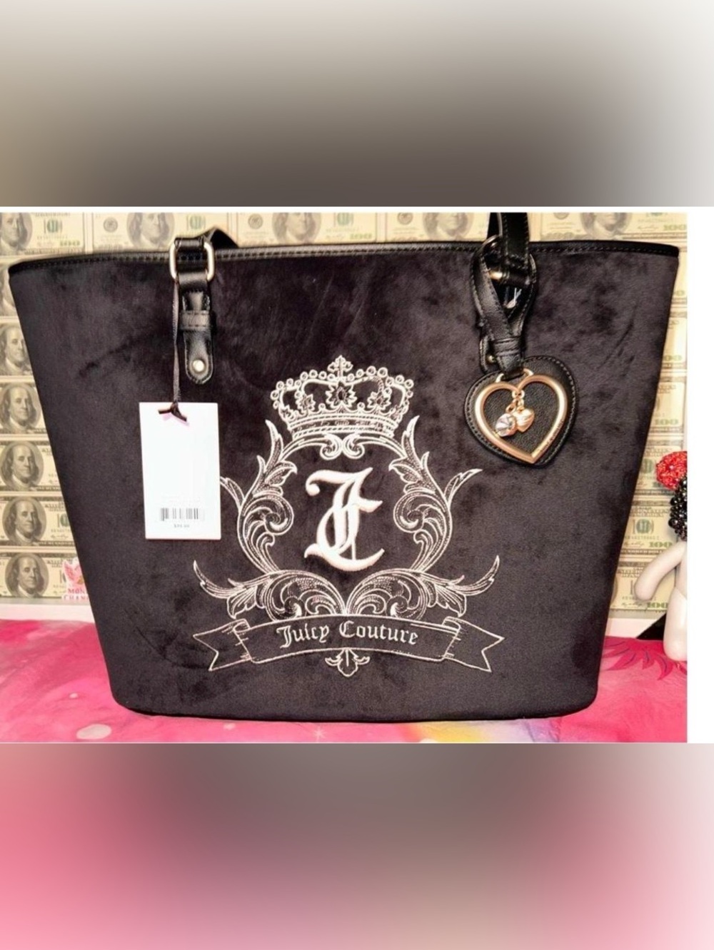 Juicy Couture Black Tote with Heart Charm and Embroidered Crest